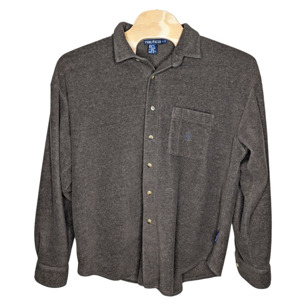 Nautica Fleece Button Up Shirt Top Adult Large Gray Long Sleeve Sweater USA